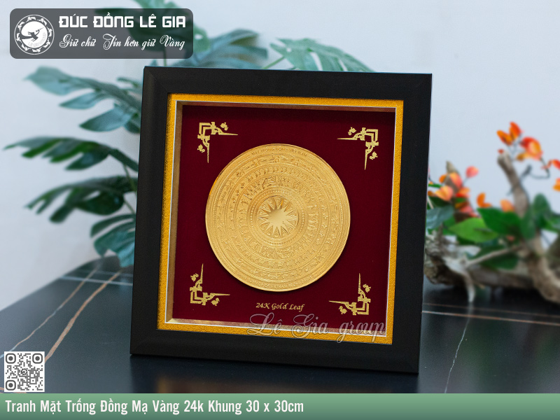 Tranh Mặt Trống Đồng Mạ Vàng 24k Khung 30 x 30cm