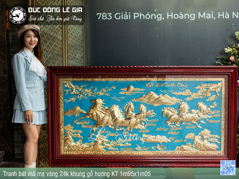 Tranh Bát Mã mạ vàng 24k khung gỗ hương KT 1m95x1m05