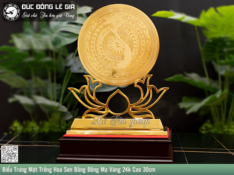 Biểu Trưng Mặt Trống Hoa Sen Bằng Đồng Mạ Vàng 24k Cao 30cm