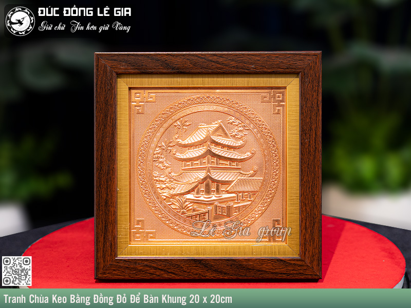 Ảnh Tranh Chùa Keo Bằng Đồng Đỏ Để Bàn Khung 20 x 20cm