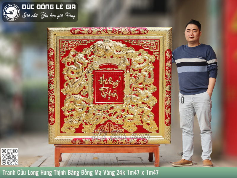 Ảnh Tranh Cửu Long Hưng Thịnh Bằng Đồng Mạ Vàng 24k 1m47 x 1m47