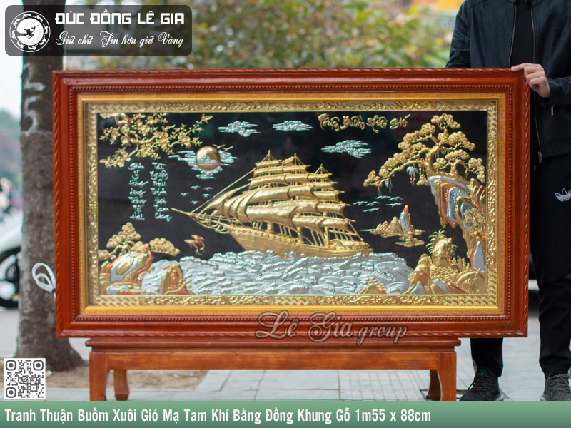 Tranh Thuận Buồm Xuôi Gió bằng đồng mạ tam khí khung gỗ 1m55 x 88cm