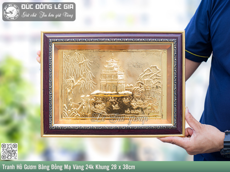 Tranh Hồ Gươm Bằng Đồng Mạ Vàng 24k Khung 28 x 38cm