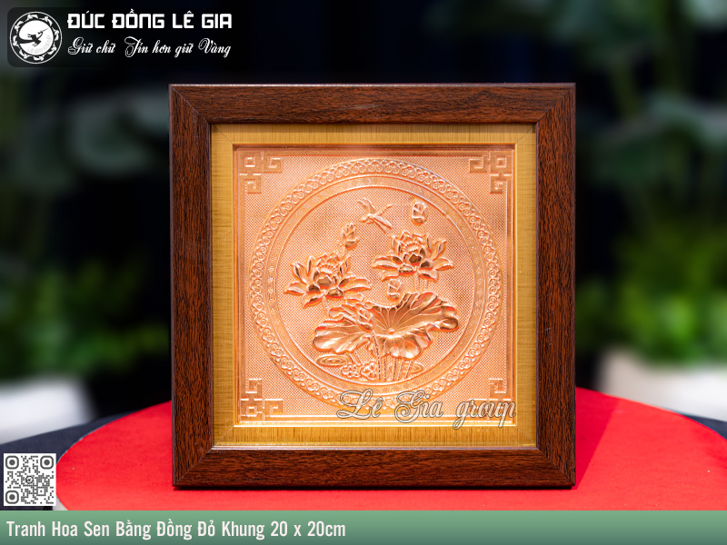 Tranh Hoa Sen Bằng Đồng Đỏ Khung 20 x 20cm