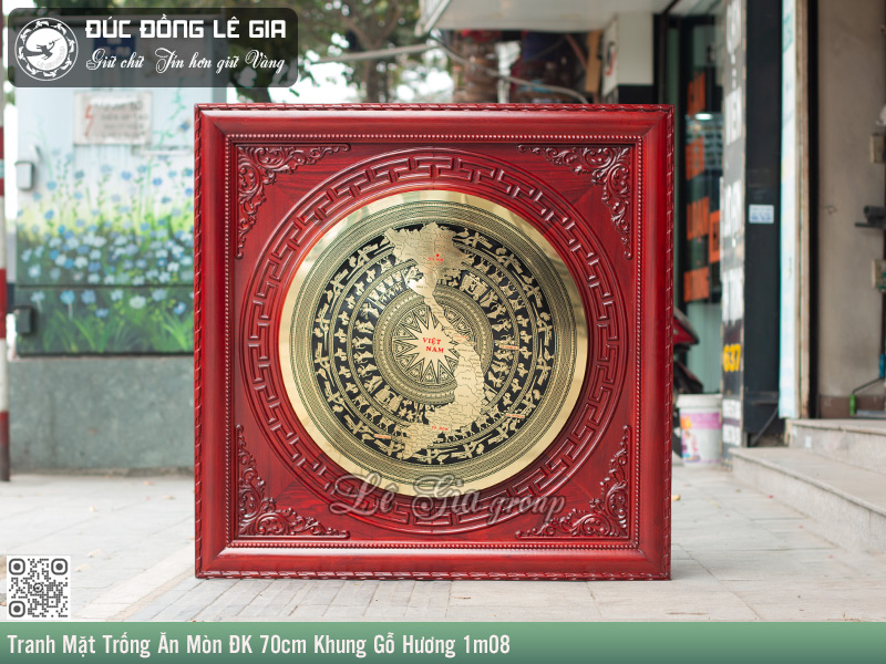 Tranh Mặt Trống Ăn Mòn ĐK 70cm Khung Gỗ Hương 1m08