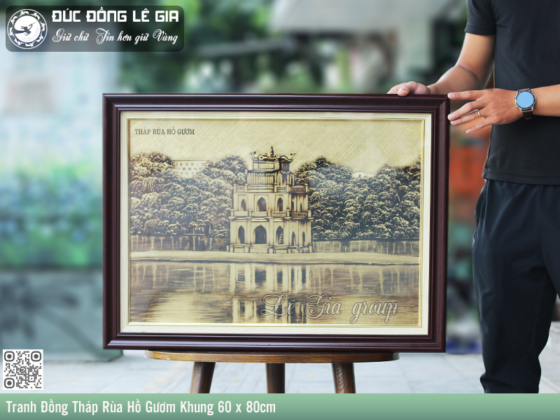 Tranh Đồng Tháp Rùa Hồ Gươm vẽ xước Khung 60 x 80cm