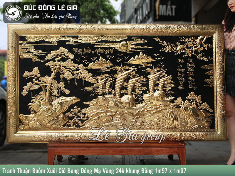 Tranh Thuận Buồm Xuôi Gió bằng đồng mạ vàng 24k khung đồng 1m97 x 1m07