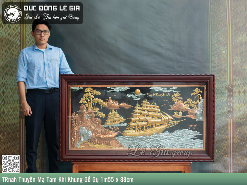 Tranh Thuyền mạ tam khí khung gỗ gụ 1m55 x 88cm
